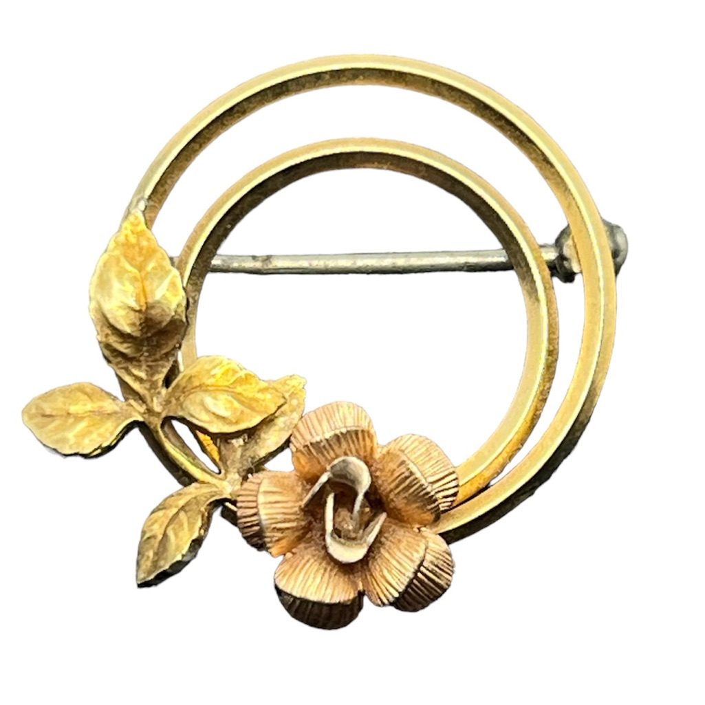 Signed Krementz Gold Circle Pin Brooch Rose Wreath Dainty Vintage 29$